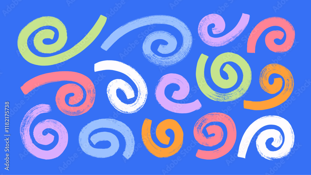 Poster bold brush drawn colorful spirals and swirls. hand drawn vector geometric circular elements.