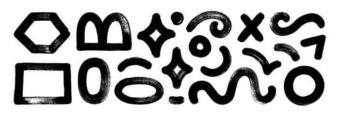 Abstract geometric shapes and icons, basic forms collection. Brutal modern contemporary figures drawn with round brush.