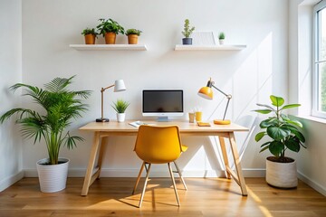 Fototapeta premium Stylish Minimalist Home Office Workspace with White Walls - Stock Photo