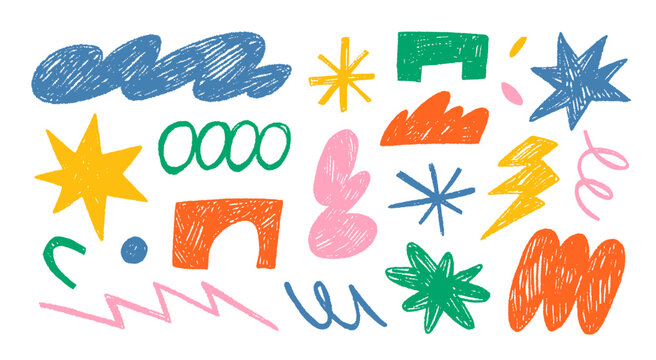 Abstract linocut geometric funky shapes and stickers. Abstract retro groovy icons drawn with colored crayon or pencil. Hand drawn geometric retro shapes and forms in kid's style. Cartoon style icons.