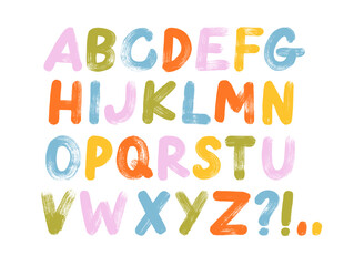 Kid's colorful alphabet with distressed paint brush texture. Childish playful colored typographic design.