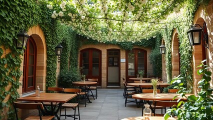 Fototapeta premium Secluded Courtyard Oasis: A tranquil escape, lush greenery drapes over a charming courtyard patio, creating a serene ambiance perfect for relaxation or al fresco dining.