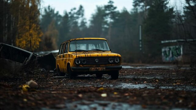 Abandoned yellow car in autumn forest with mud and trash. Urban exploration blogs, automotive history archives