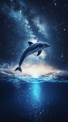 Fototapeta premium In a mesmerizing display, a dolphin arcs gracefully through a radiant glow, surrounded by deep blue waters under a blanket of twinkling stars. The celestial backdrop creates a magical atmosphere