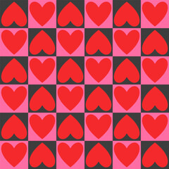 Fototapeta premium Seamless pattern with hearts on a checkered background. Modern retro illustration for decoration. Aesthetic vector print in style 60s, 70s.