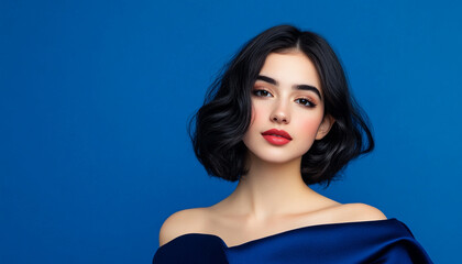 Fototapeta premium Elegant woman with shoulder-length black hair and natural beauty ideal for fashion and beauty promotions