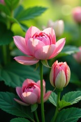 Obraz premium Petals unfolding in soft pink hue amidst lush green foliage, flowers, bloom