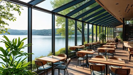 Fototapeta premium Lakeside Restaurant: Tranquil Dining with Breathtaking Views 