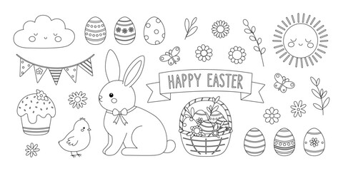 Easter spring elements coloring page. Outline set with rabbit, chicken, eggs, basket, flowers, butterflies. Cute holiday collection. Coloring book for print