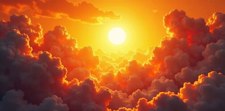 Radiant orange sun bursts through layered clouds of saffron and gold, abstract, swirling