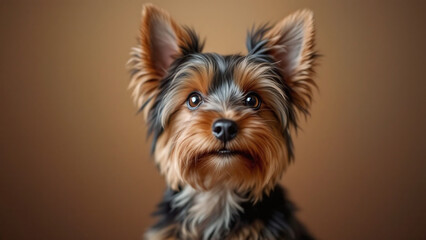 Yorkie dog with a stylish appearance seated against a warm background.