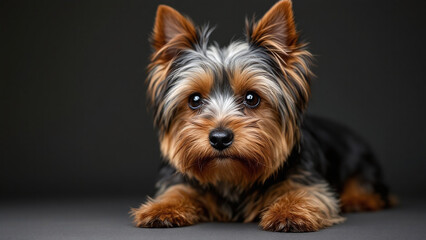 Yorkie dog with a calm demeanor lying on a dark backdrop.