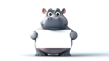 Naklejka premium A cartoon hippo holds a blank sign, inviting messages or illustrations.