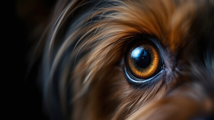 Naklejka premium Close-up of a Yorkie dog's expressive eye shining against a dark background.