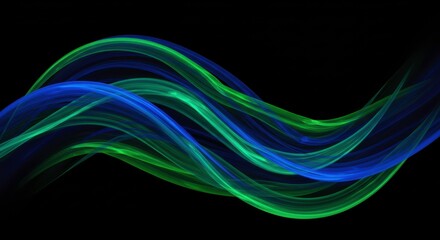 Obraz premium Abstract Flow: Swirling blue and green light streaks dance and intertwine against a stark black background, forming an ethereal and mesmerizing abstract artwork. 