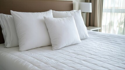 Hotel Bed Scene Three White Pillows on Brown Headboard, Bed Linen Texture, Peaceful Concept Hotel room, bedroom design