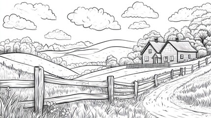 Fototapeta premium Rustic farmhouse countryside sketch, rolling hills, fence, path