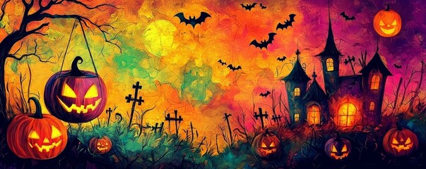 Halloween Night Impasto Painting of Jack-o'-lanterns, Haunted House, Bats and Graveyard, Halloween, Autumn Halloween, Jack-o'-lantern