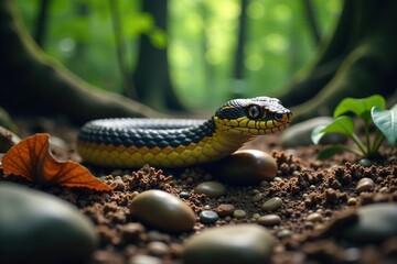 Obraz premium Serpent gliding across the forest floor with roots and pebbles, stones, roots