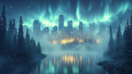 Enchanted City at Night: Aurora Borealis over Foggy Lake and Forest