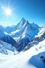 Snow-covered mountain peaks under a clear blue sky with sunshine peeking through, mountain range, bright, winter landscape