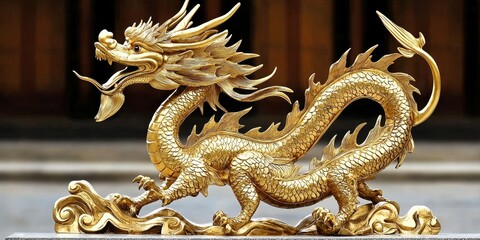 Fototapeta premium Golden Dragon Sculpture Intricate Detail, Mythical Concept, Chinese Art, Gold Statue Chinese Dragon, Asian Art