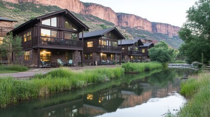 Fototapeta premium Mountainside Riverfront Cabins Scenic Retreat