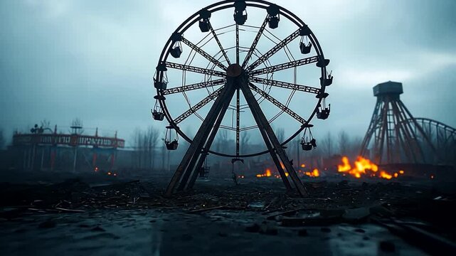 Abandoned Ferris wheel in eerie, post-apocalyptic amusement park at dusk, symbolizing decay and Halloween