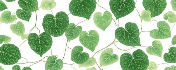 Fototapeta premium A vibrant pattern of heart-shaped green leaves on a white background, creating a fresh and natural aesthetic.