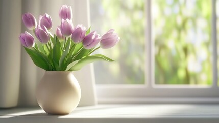 Light pink tulips in a cream vase on a windowsill, bathed in sunlight.
