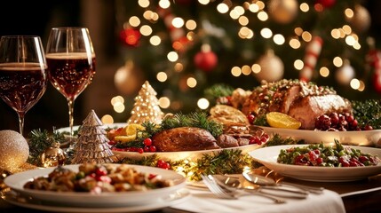 Fototapeta premium Christmas Feast Festive Table Setting with Roasted Turkey and Wine, bokeh lights, culinary photography, holiday dinner. Christmas, Turkey dinner