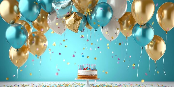 Birthday Cake with Balloons and Confetti Teal, Gold and White Theme,Celebration,Party Celebration,Party