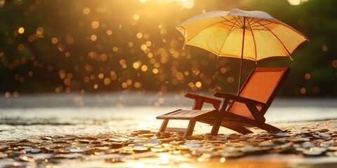 A retirement plan concept showing a beach chair and coins, symbolizing leisure after savings.