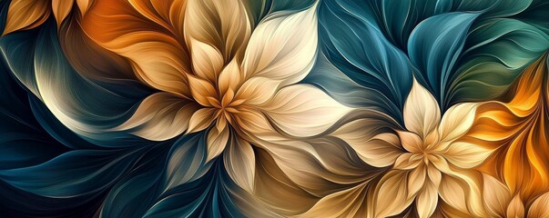 Fototapeta premium Abstract Floral Composition Teal, Gold and Beige Swirls, Digital Painting, Fluid Art Abstract art, digital art