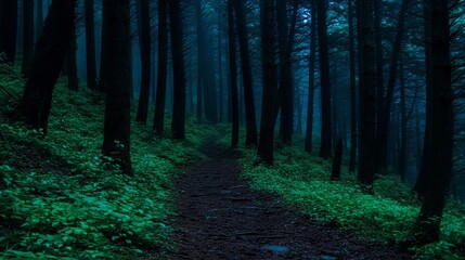 Mysterious Foggy Forest Path Winding Through Dark Trees