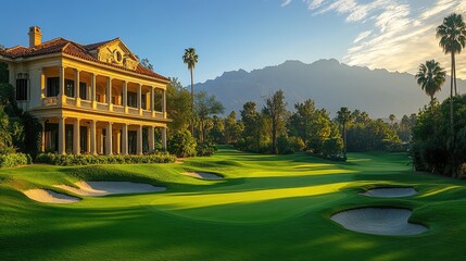 Obraz premium Luxurious mansion on a golf course at sunrise, mountains in the background.