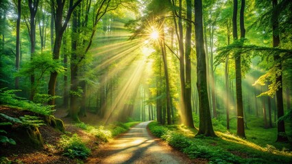Obraz premium Sunbeams Illuminate Forest Path: Serene Wilderness Landscape