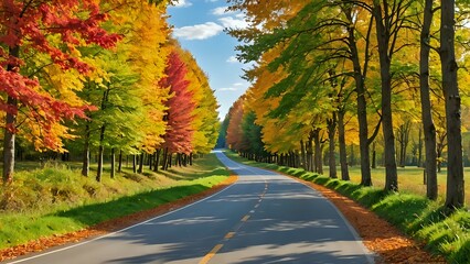 Obraz premium Scenic autumn road lined with vibrant fall foliage, offering a picturesque drive through nature's colorful landscape.