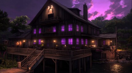 Fototapeta premium Mysterious Lakeside Timber House at Twilight