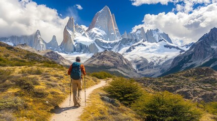 Fototapeta premium A hiker navigates a scenic trail surrounded by towering mountains and vibrant greenery under a clear blue sky.