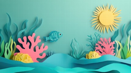 Fototapeta premium Creating Paper Craft Art Tropical Lagoon Scene Mint Water Coral Reefs Vibrant Environment Artistic Perspective