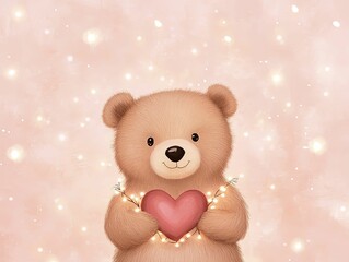 Obraz premium A cute teddy bear holding a pink heart, surrounded by soft, glowing lights against a pastel pink background.