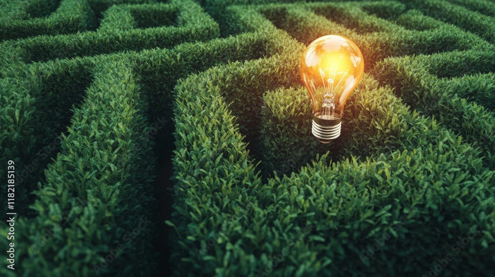 Poster A glowing light bulb sits at the center of a green hedge maze, symbolizing creativity and problem-solving amidst complexity.