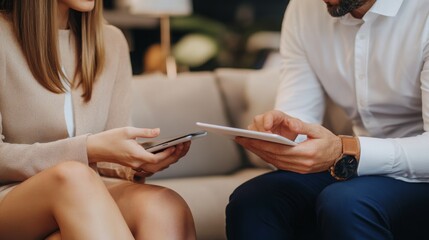 Fototapeta premium A casual meeting between two people, each engaging with their devices, sitting on a couch in a modern setting.