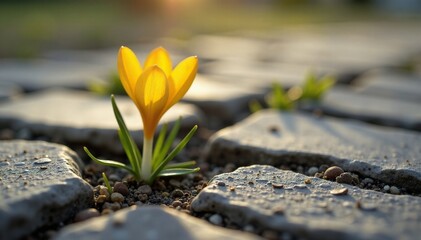 Obraz premium Yellow crocus flower growing through cracks in stone pavement, yellow, pavement, nature