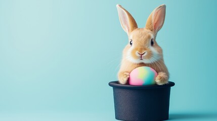 Bunny surprises with colorful egg from magician's hat in playful spring setting with copy space