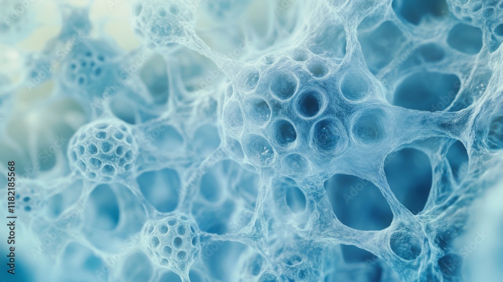Poster A close-up view of intricate, translucent structures resembling cellular formations or bubbles, showcasing patterns in soft blue tones.