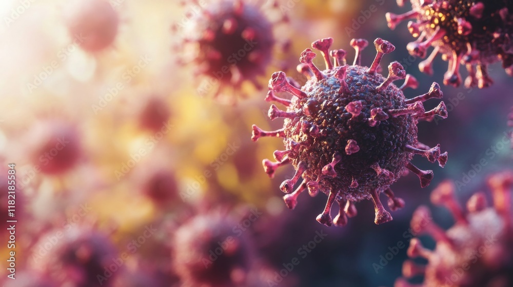 Poster abstract depiction of virus particles, showcasing intricate structures and vibrant colors, represent