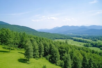 Naklejka premium Serene Landscape of Lush Green Hills and Mountains Under Bright Clear Blue Sky