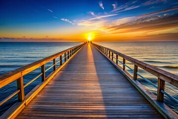 Sunlit Boardwalk Leading Lines to Ocean, Coastal Path, Summer Vacation